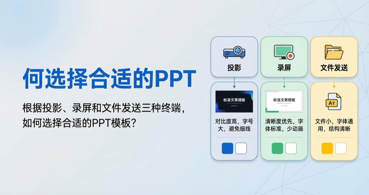 根据投影、录屏和文件发送三种终端，如何选择合适的PPT模板？