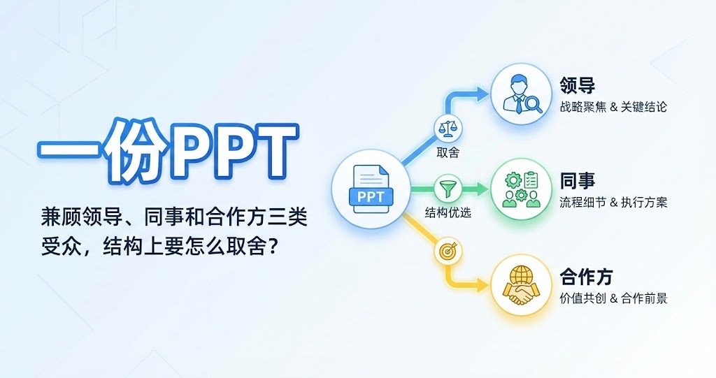 一份PPT兼顾领导、同事和合作方三类受众，结构上要怎么取舍？